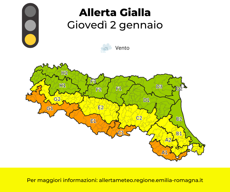 Allerta Meteo gialla giovedì 2 gennaio